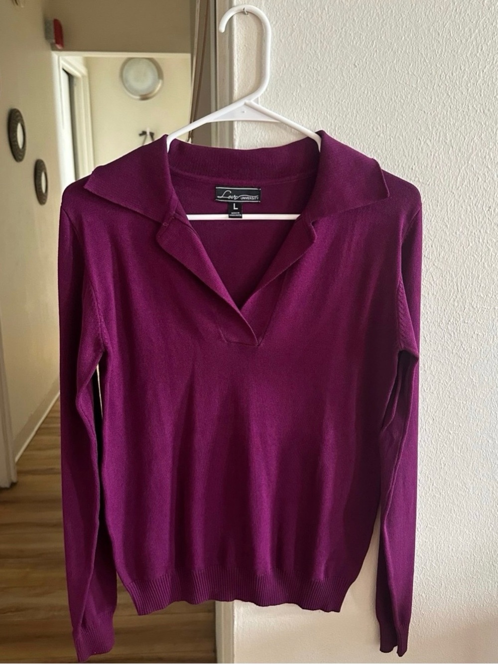 Long-Sleeve Open-Collar Sweater in Plum